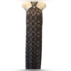 Y2K WHBM Keyhole Halter Top Maxi Dress M Black White Damask Print Slinky Summer